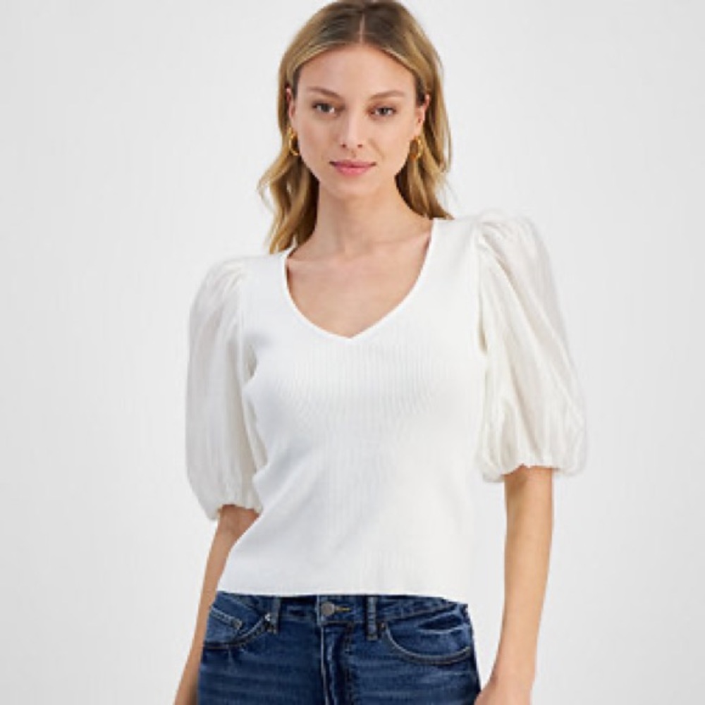 Lucy Paris Barra White Mixed Media Puff Sleeve Top - Size L